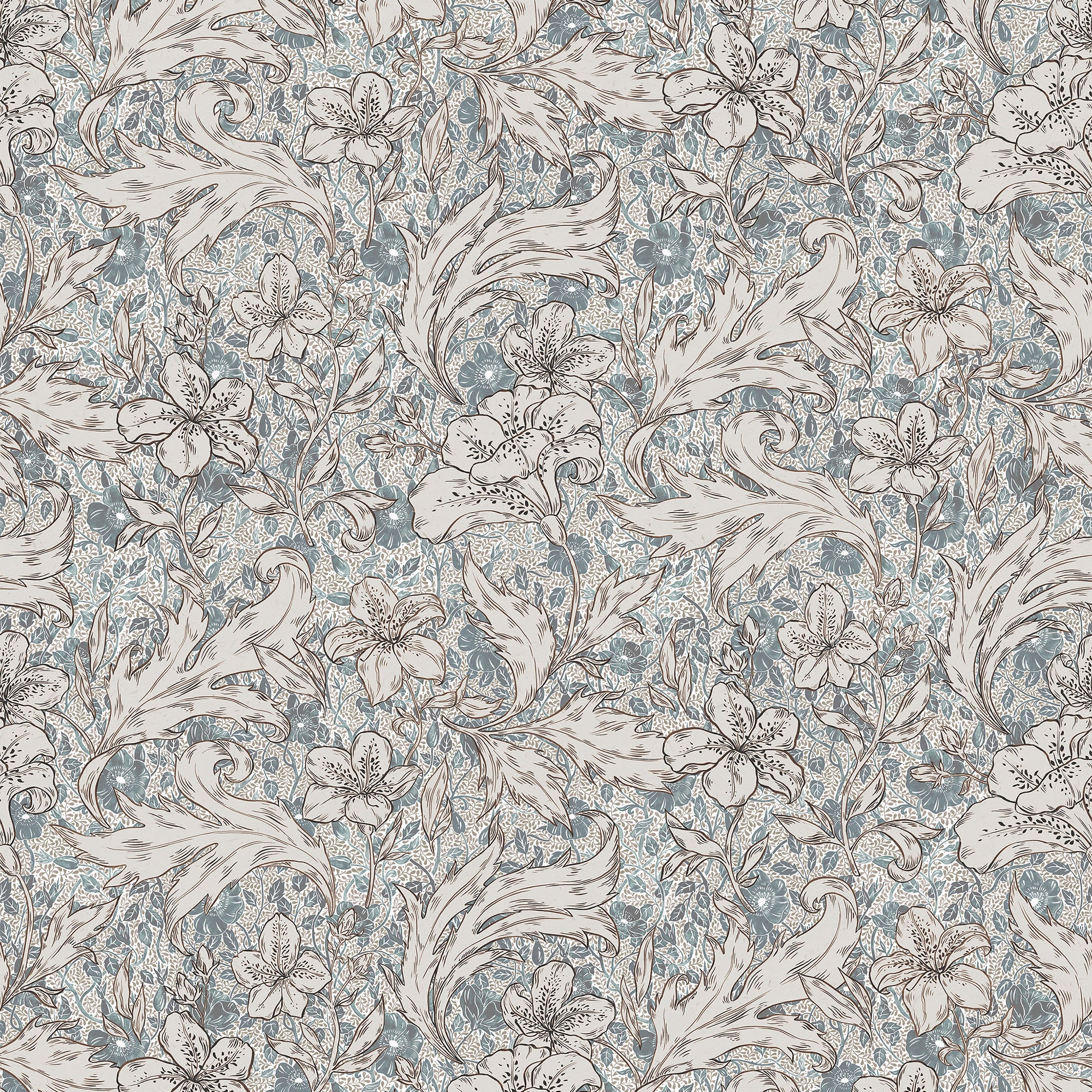 Mattias wallpaper by Sandberg, flat swatch of the blue and grey lily and leaf scroll pattern on cream