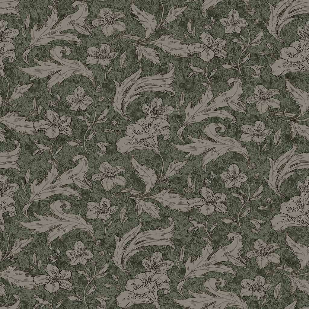 Mattias wallpaper by Sandberg, flat swatch of the dark green lily and scrolling leaf pattern