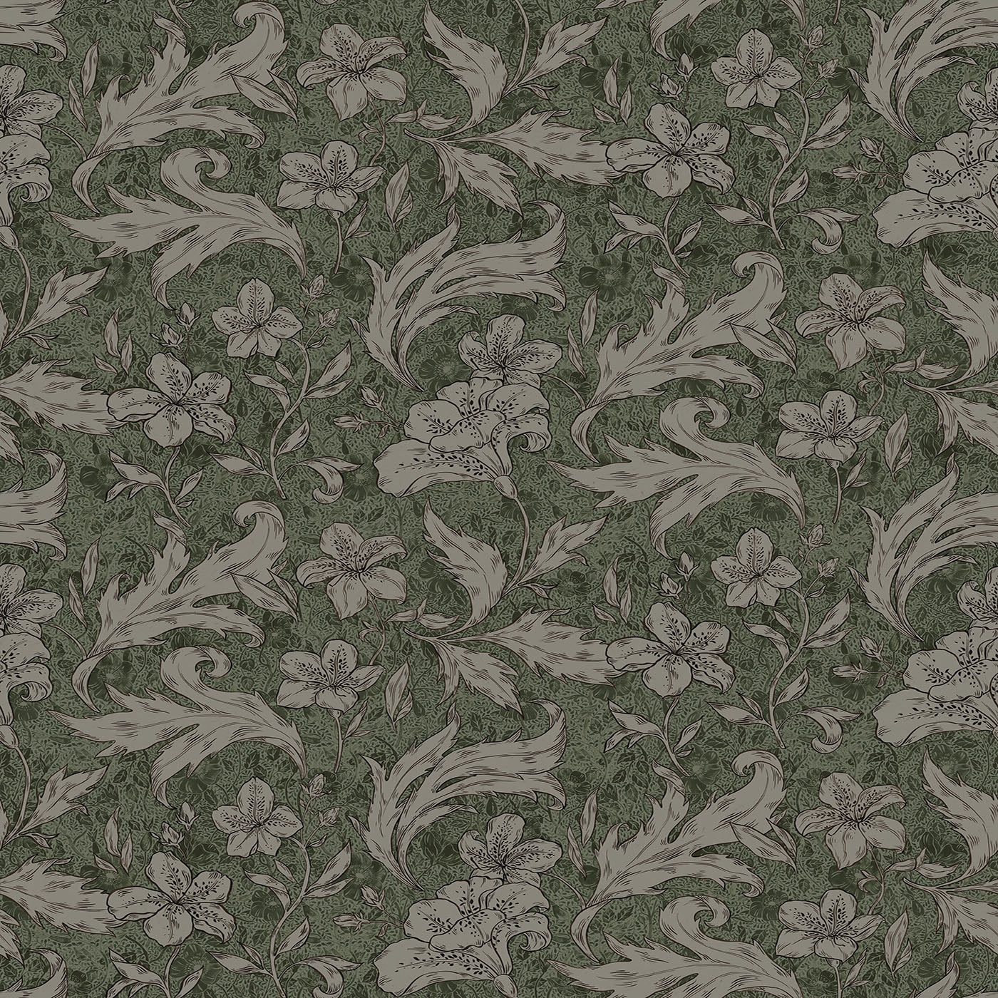 Mattias wallpaper by Sandberg, flat swatch of the dark green lily and scrolling leaf pattern