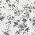 Sandra Floral wallpaper by Sandberg, flat swatch of the passionflower and lily print in green and blush pink on a white ground