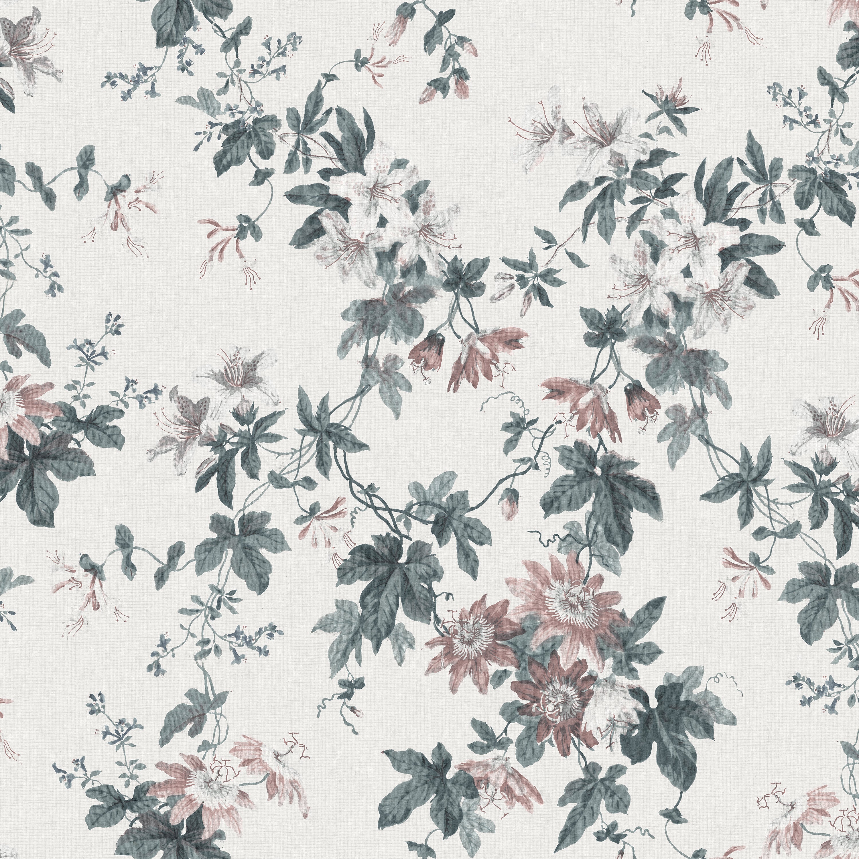 Sandra Floral wallpaper by Sandberg, flat swatch of the passionflower and lily print in green and blush pink on a white ground