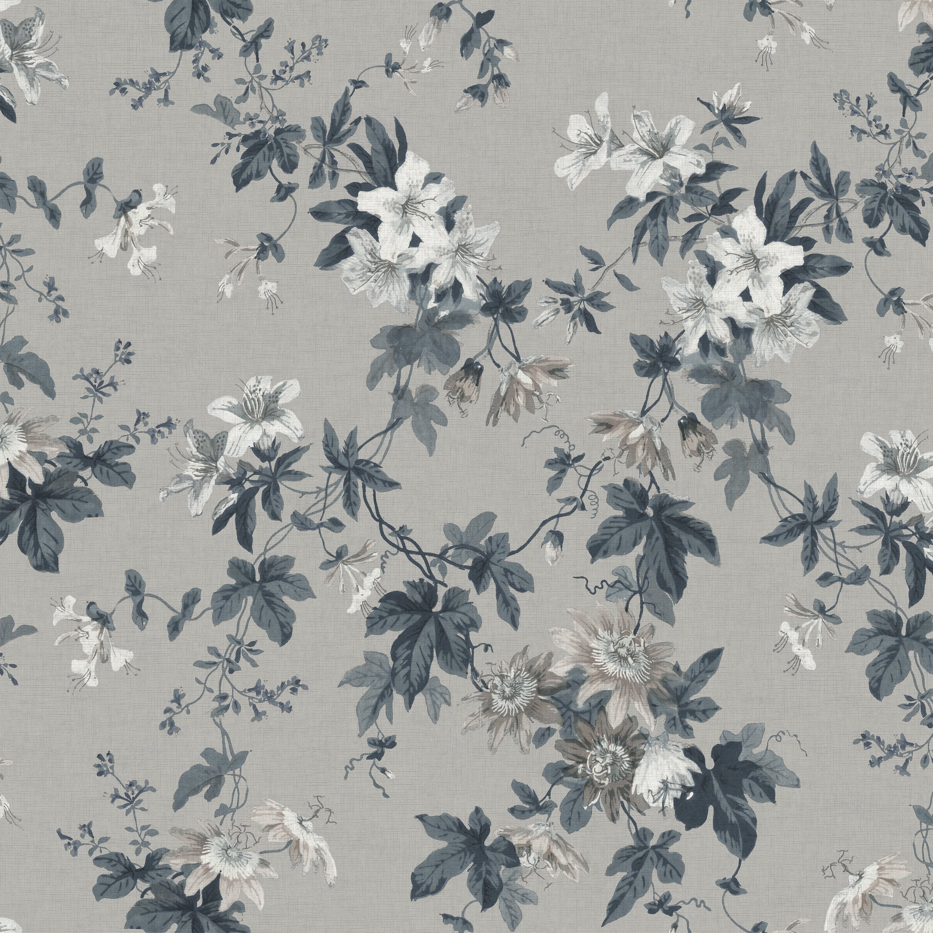 Sandra Floral wallpaper by Sandberg, flat swatch of the passionflower and lily print in navy and white on a warm grey ground