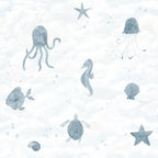 Alice Underwater wall mural by Sandberg, flat swatch of blue watercolour octopus, seahorse, turtle and shells