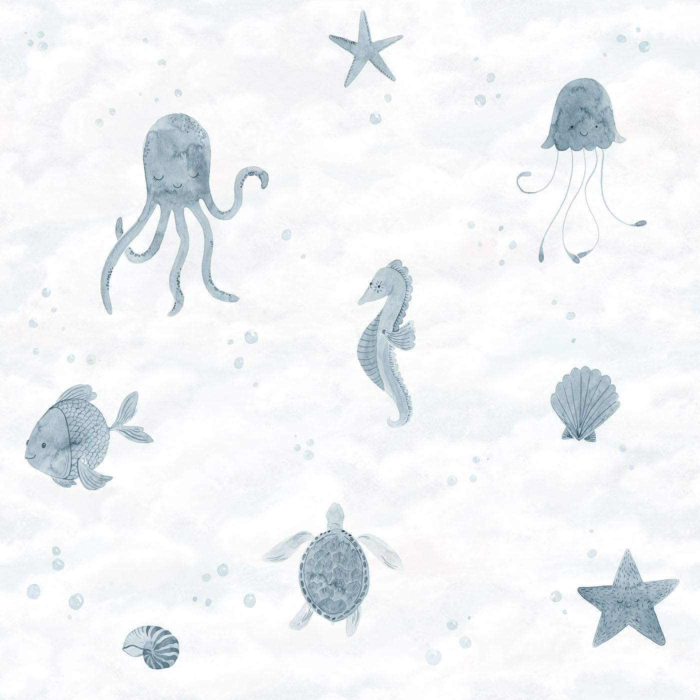 Alice Underwater wall mural by Sandberg, flat swatch of blue watercolour octopus, seahorse, turtle and shells