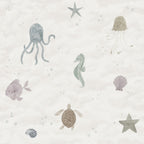 Alice Underwater wall mural by Sandberg, flat swatch of muted pastel watercolour sea creatures on cream