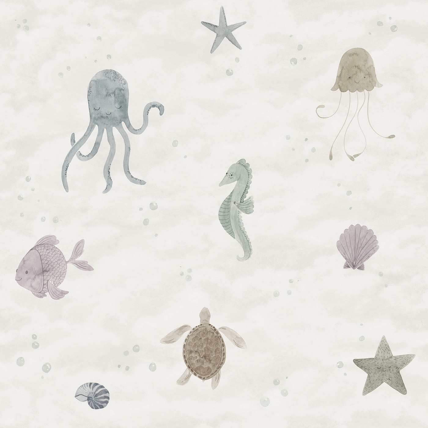 Alice Underwater wall mural by Sandberg, flat swatch of muted pastel watercolour sea creatures on cream