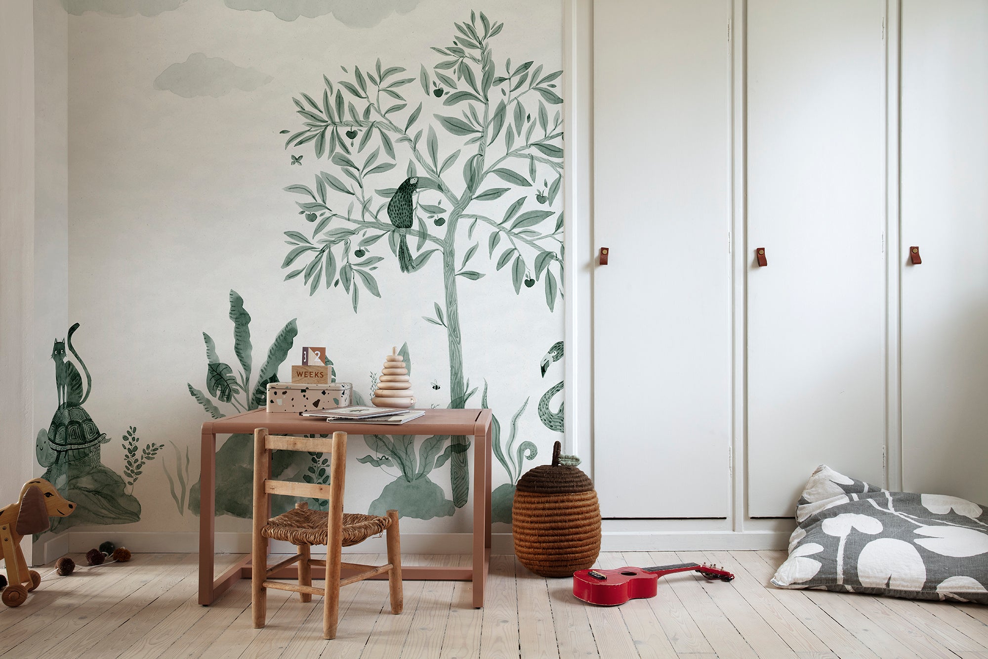 Wilton wallpaper by Sandberg in Jade, styled on an interior wall