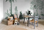 Wilton wall mural by Sandberg in green, styled in a kids room with timber crates and blue chair