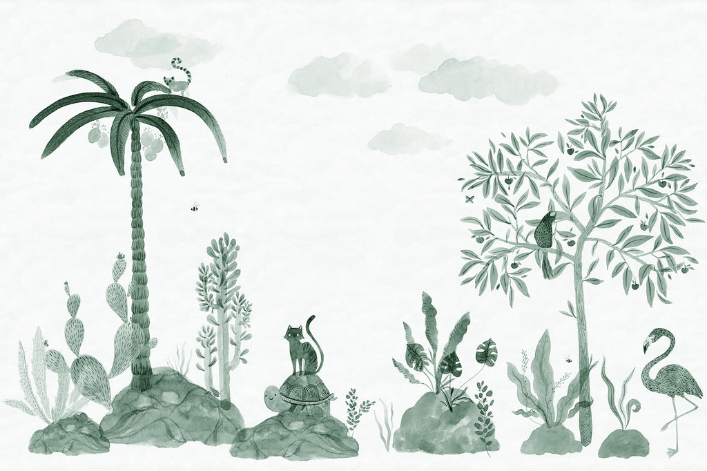 Wilton wall mural by Sandberg in green, flat panel of watercolour palm, cacti, cat, tortoise and flamingo