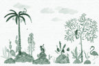 Wilton wall mural by Sandberg in green, flat panel of watercolour palm, cacti, cat, tortoise and flamingo