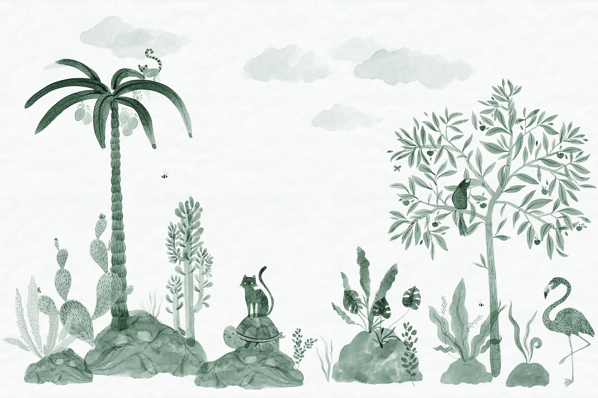 Wilton wall mural by Sandberg in green, flat panel of watercolour palm, cacti, cat, tortoise and flamingo