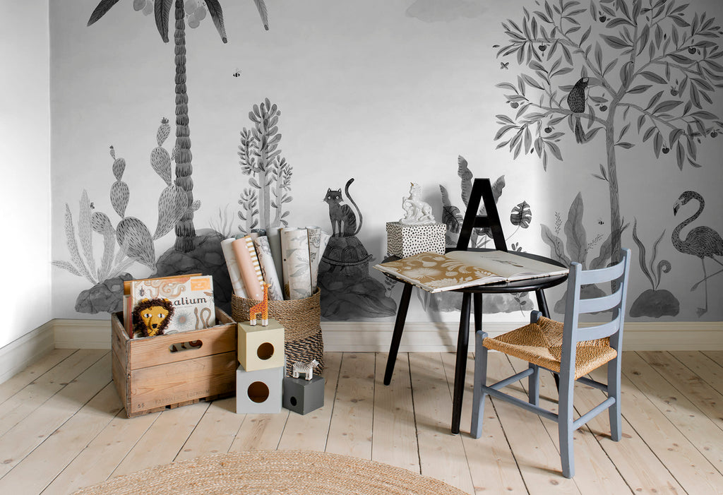 Wilton wall mural by Sandberg in grey, styled in a kids room with timber crates and blue chair