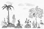 Wilton wall mural by Sandberg in grey, flat panel of monochrome watercolour palm, cat, tortoise and flamingo