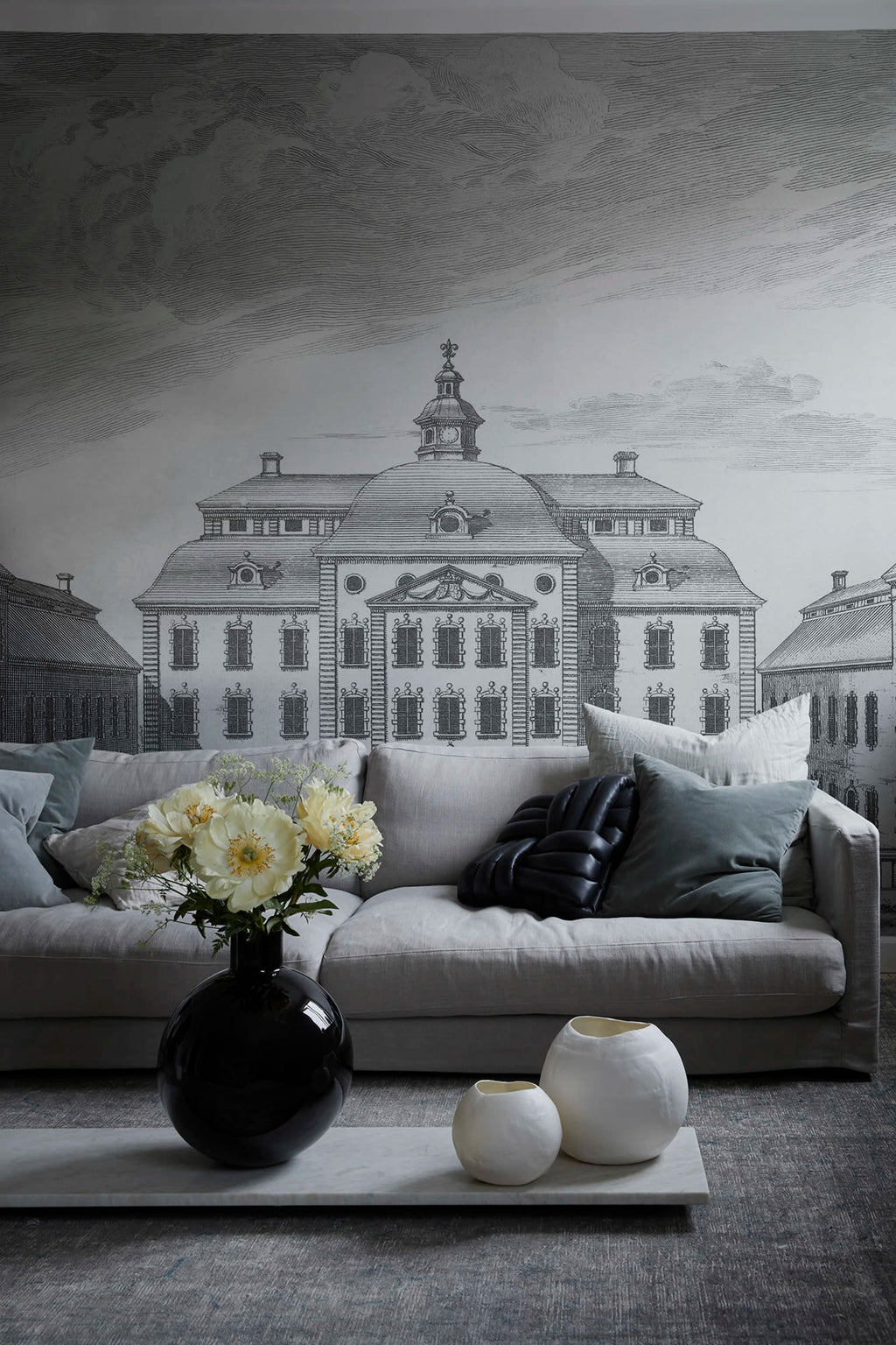 Lofstad Slott wall mural by Sandberg – monochrome design, Grey – Graphite – styled in a room setting, view 3