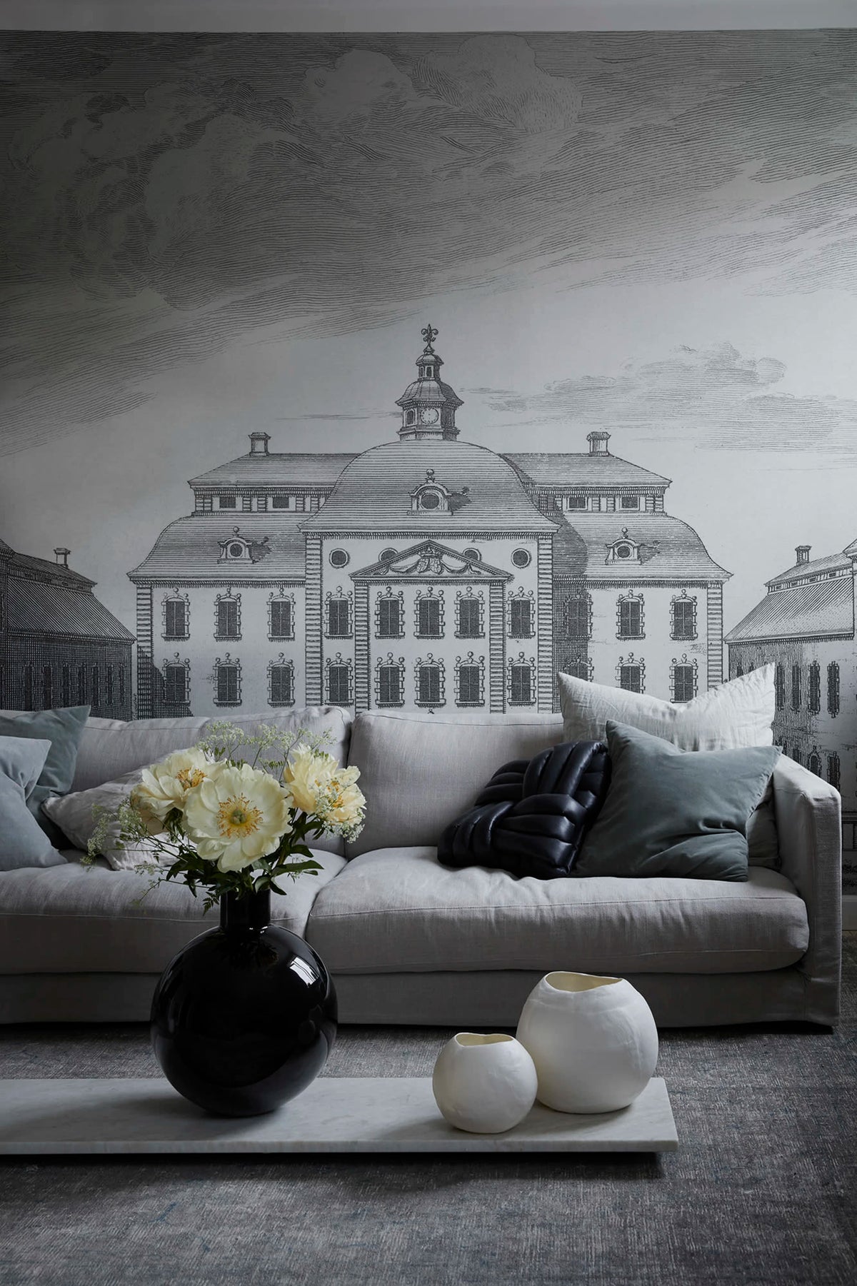Lofstad Slott wall mural by Sandberg – monochrome design, Grey – Graphite – styled in a room setting, view 3