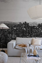 Oak View wall mural by Sandberg – monochrome design, Grey – Graphite – styled in a room setting, view 3