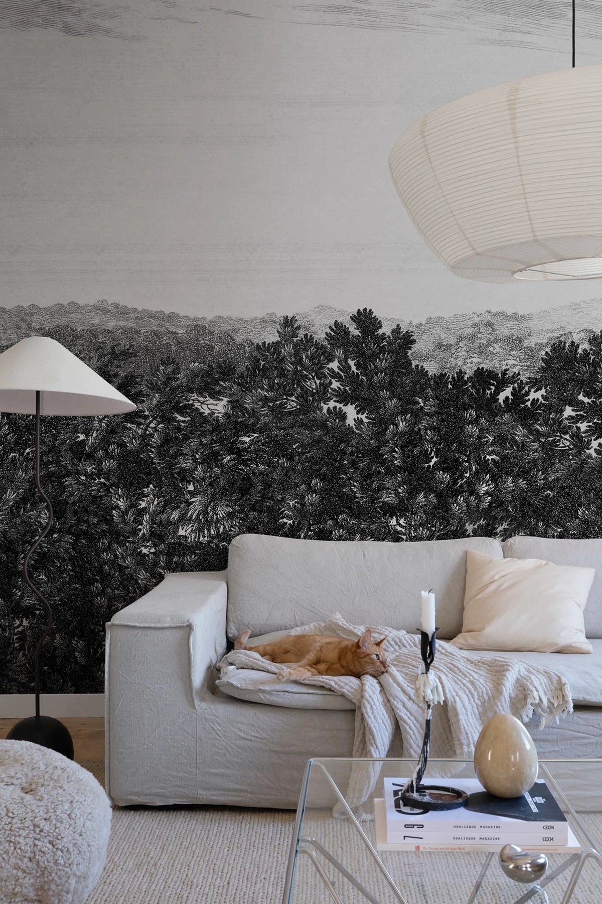 Oak View wall mural by Sandberg – monochrome design, Grey – Graphite – styled in a room setting, view 3