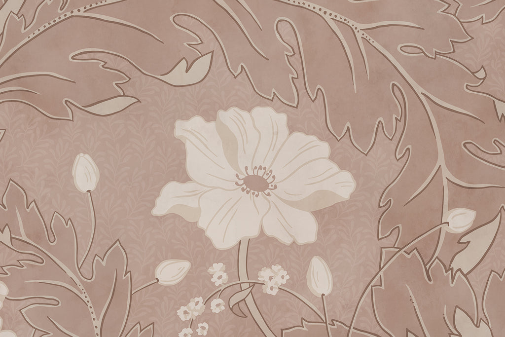 Poppy wallpaper by Sandberg in taupe, close-up of a single cream poppy bloom among scrolling leaves