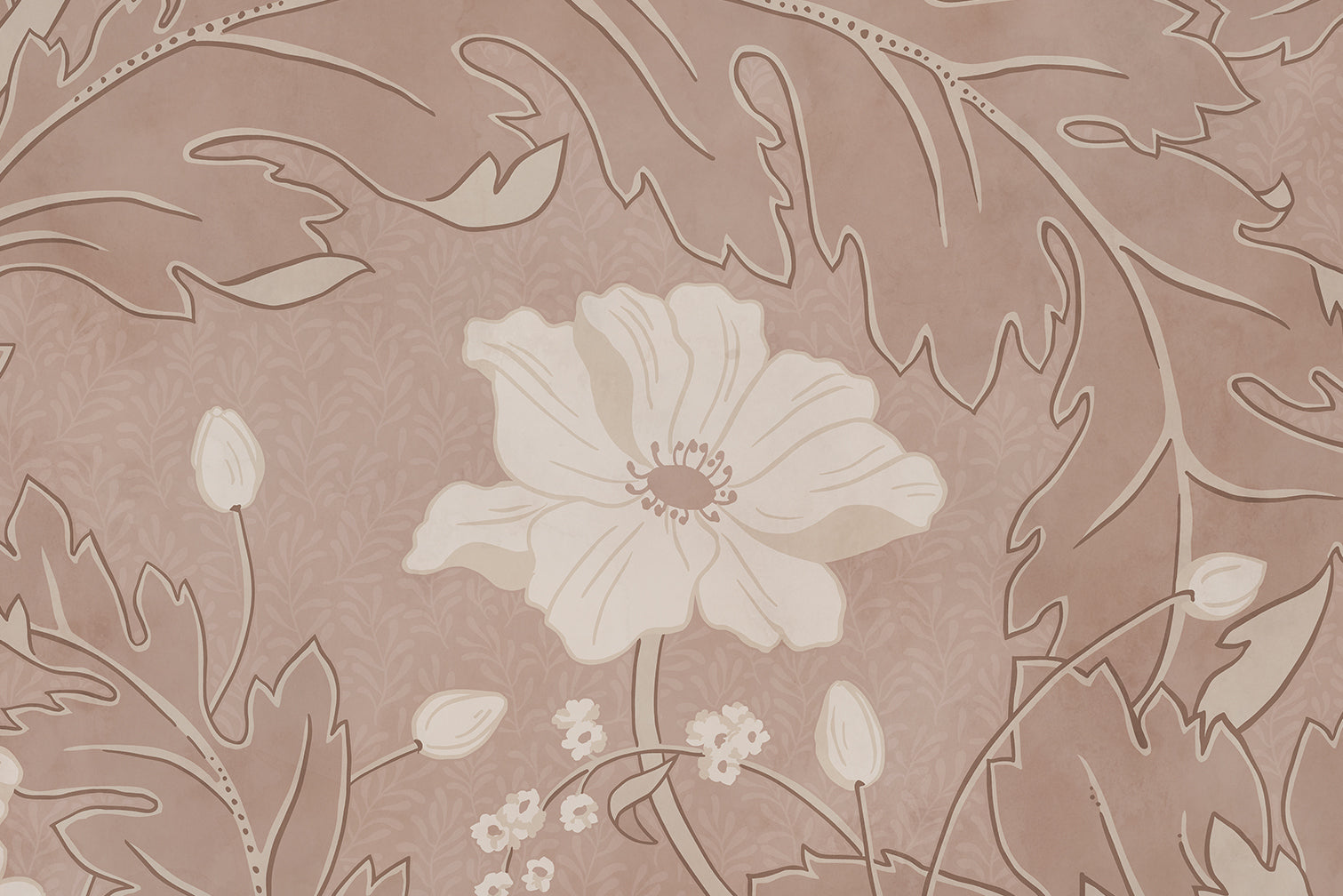 Poppy wallpaper by Sandberg in taupe, close-up of a single cream poppy bloom among scrolling leaves
