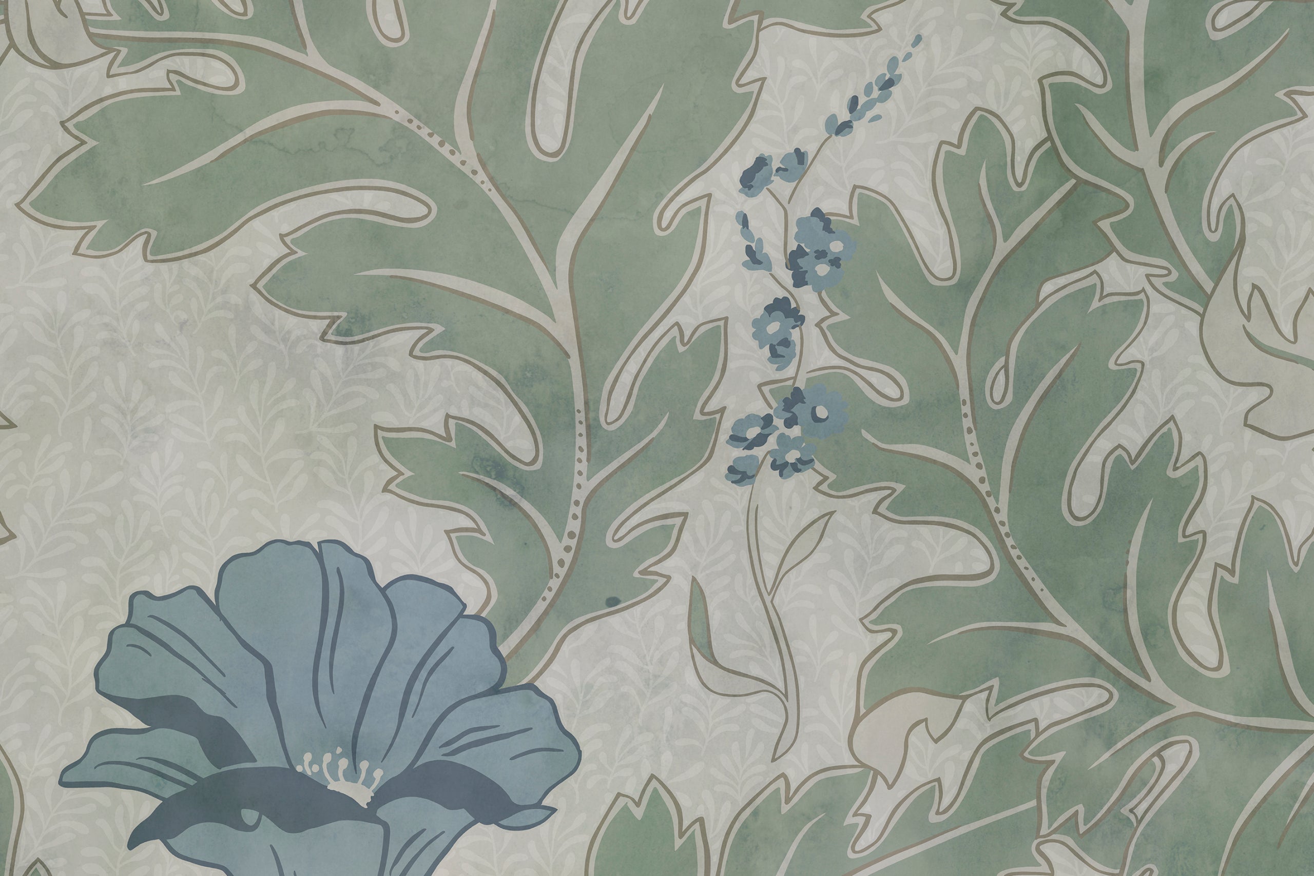 Poppy wallpaper by Sandberg, close-up of a blue poppy and trailing leaves in the sage green colourway