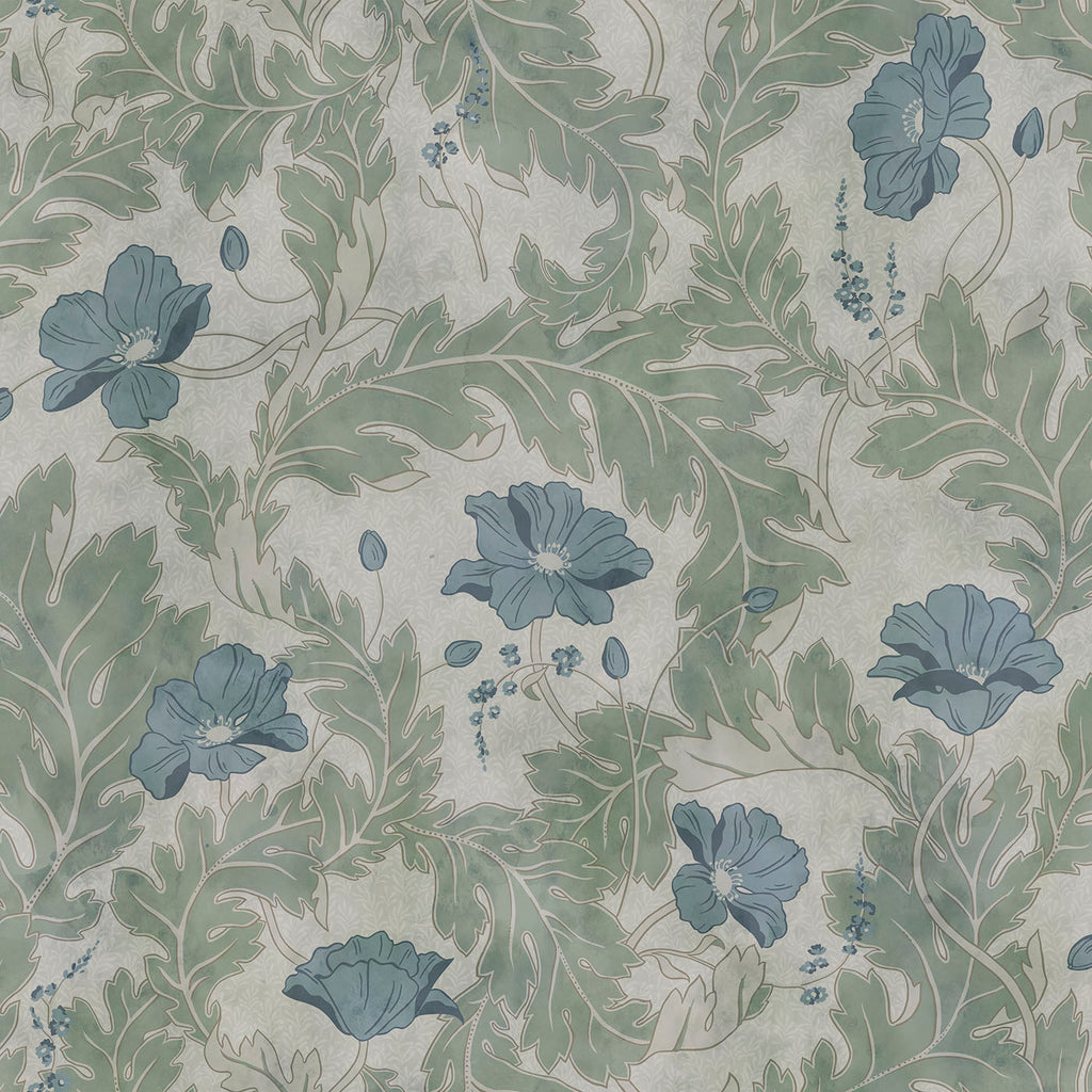 Poppy wallpaper by Sandberg, flat swatch of the poppy and leaf pattern in blue blooms on a sage green ground