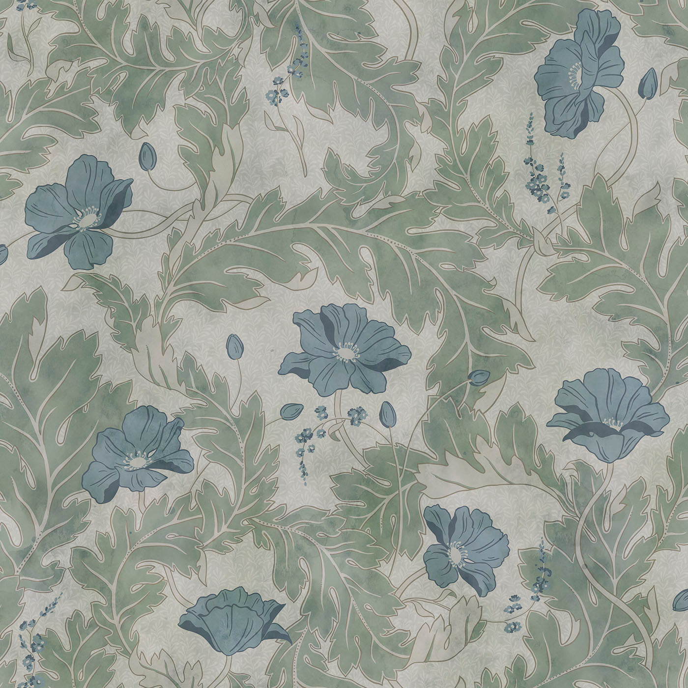 Poppy wallpaper by Sandberg, flat swatch of the poppy and leaf pattern in blue blooms on a sage green ground