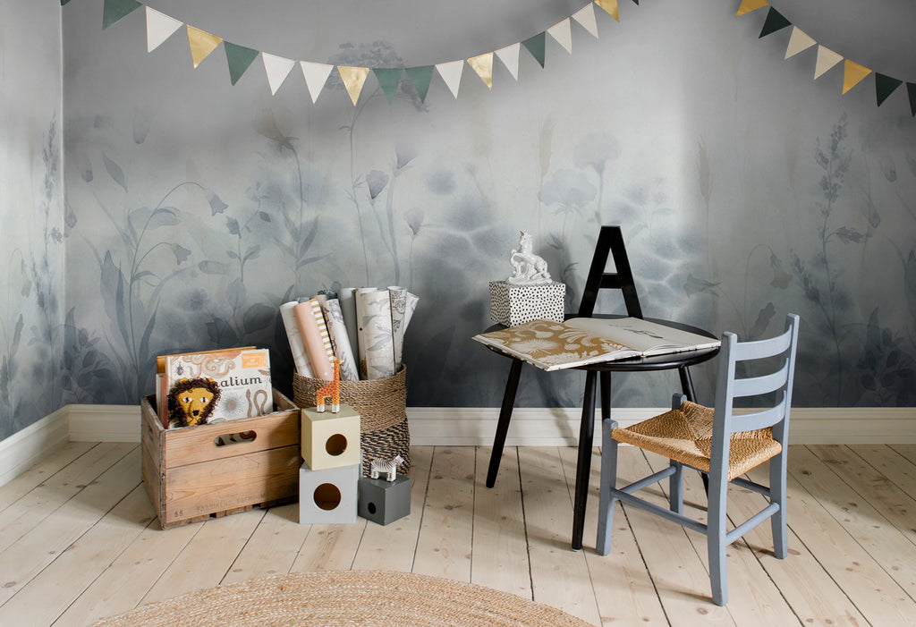 Vilda wall mural by Sandberg – floral design, Blue – Misty Blue