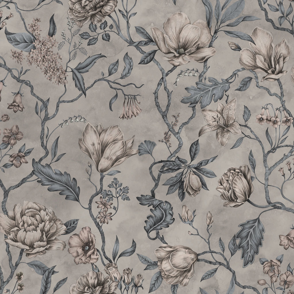 Belinda wallpaper by Sandberg – floral design, Blue – Misty Blue – flat swatch showing the repeat, view 3