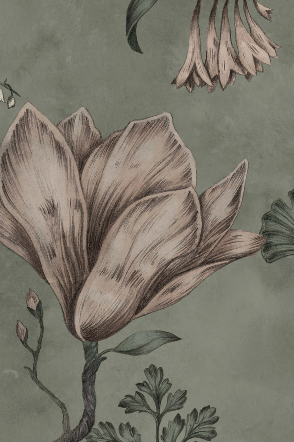 Belinda wallpaper by Sandberg – floral design, Green – Garden Green – close-up of the print and texture