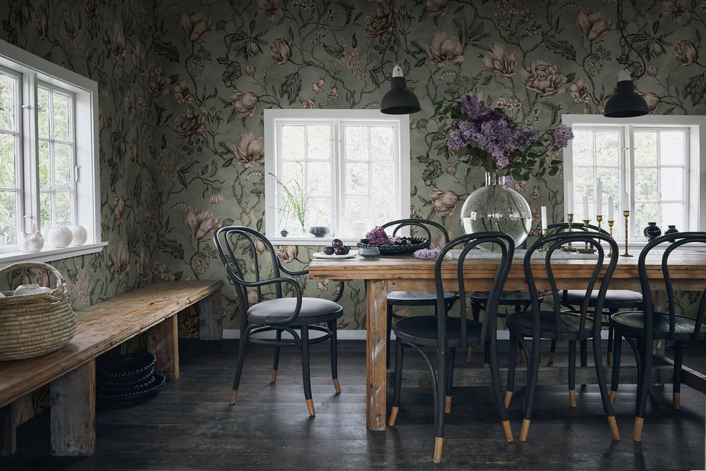 Belinda wallpaper by Sandberg – floral design, Green – Garden Green – styled in a room setting, view 4