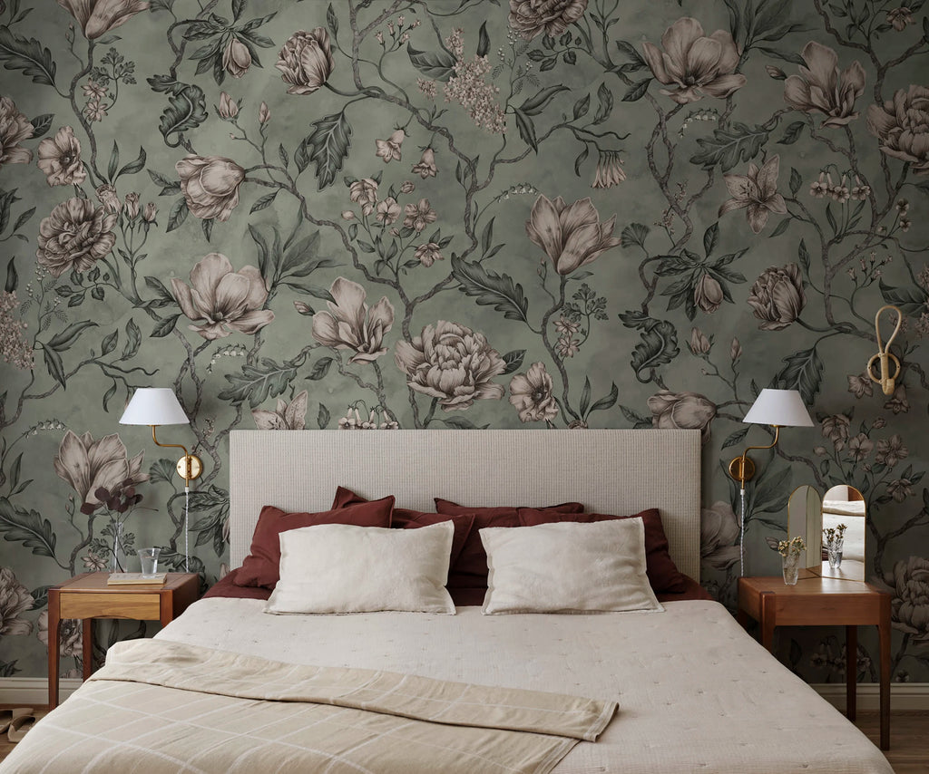 Belinda wallpaper by Sandberg – floral design, Green – Garden Green – styled in a room setting, view 5