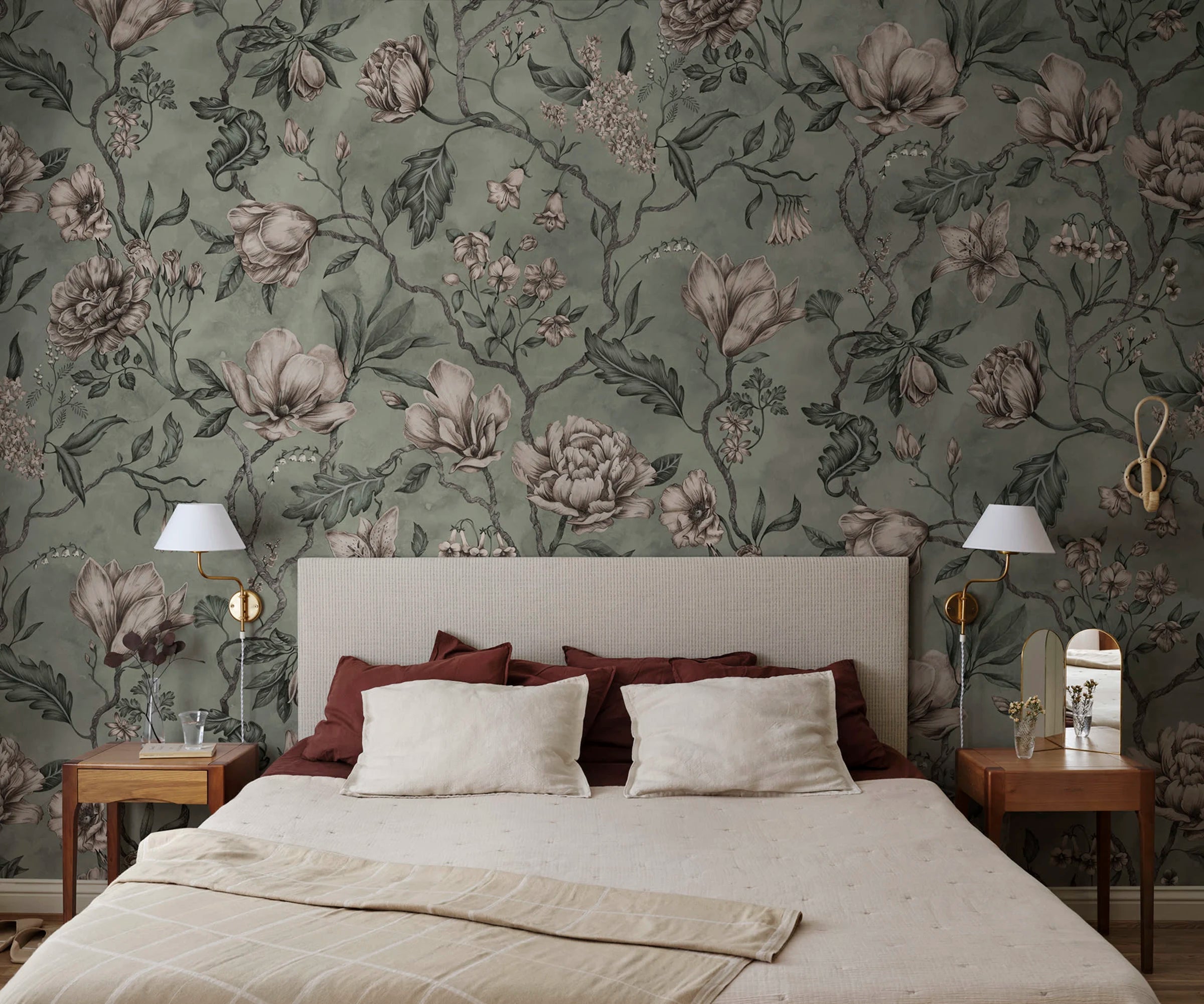 Belinda wallpaper by Sandberg – floral design, Green – Garden Green – styled in a room setting, view 5