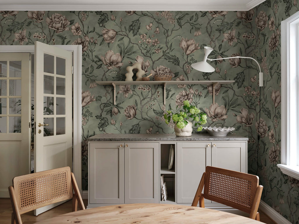 Belinda wallpaper by Sandberg – floral design, Green – Garden Green – styled in a room setting, view 6