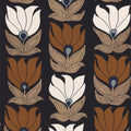 Dauphine wallpaper by Casamance, flat swatch of tulip flowers in white, rust and tan on a near-black ground