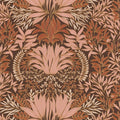 Chardon Floral wallpaper by Casamance, flat swatch of the thistle damask in pink and rust on chocolate brown