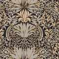 Chardon Floral wallpaper by Casamance, flat swatch of the thistle damask in grey and gold on black