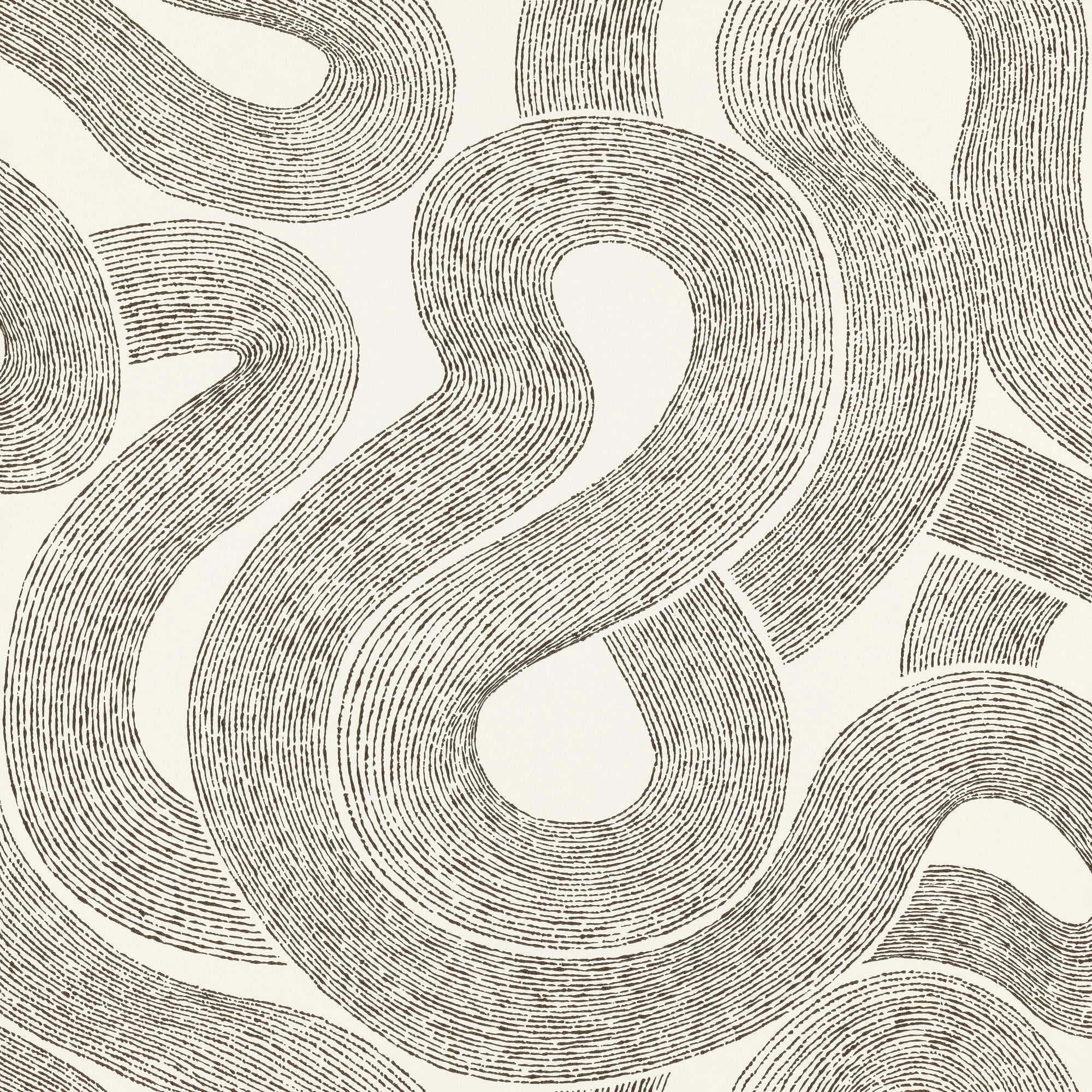 Zen wallpaper by Sandberg, flat swatch of the swirling looped line pattern in charcoal on cream