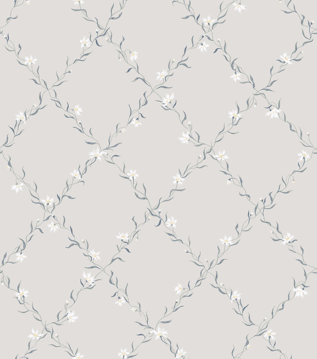 Ewa wallpaper by Sandberg, flat swatch of a blue-grey floral trellis vine on light grey