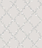 Ewa wallpaper by Sandberg, flat swatch of a blue-grey floral trellis vine on light grey