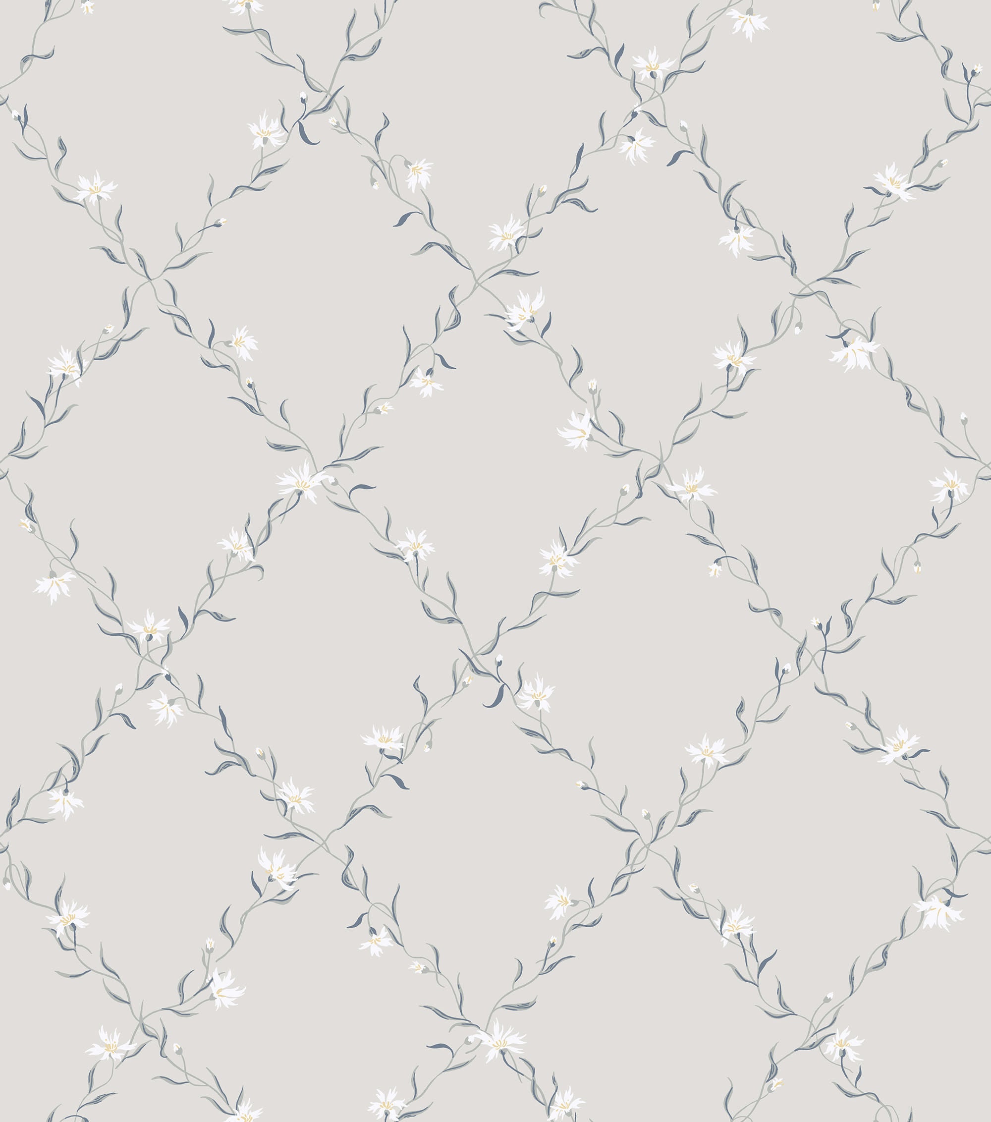 Ewa wallpaper by Sandberg, flat swatch of a blue-grey floral trellis vine on light grey