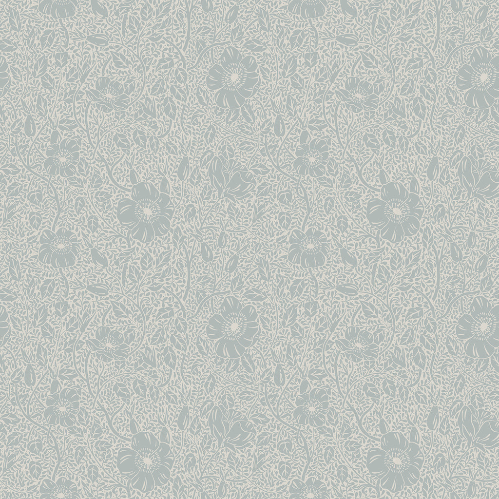 Anton wallpaper by Sandberg, fine trailing wild-rose floral in soft blue-grey on a pale grey ground, flat swatch