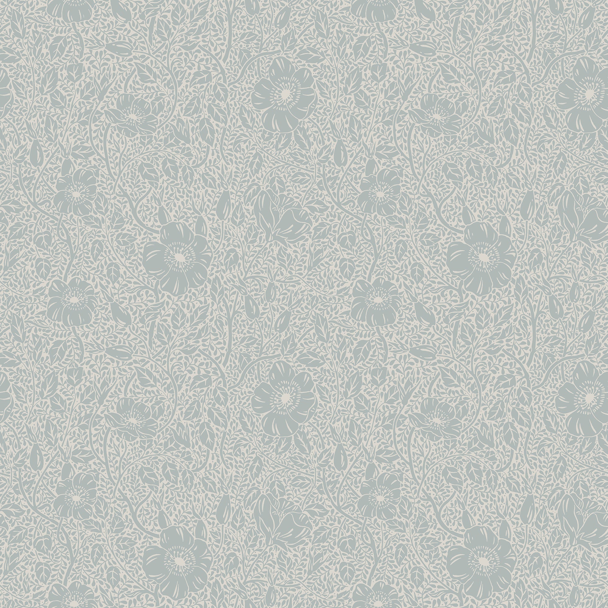 Anton wallpaper by Sandberg, fine trailing wild-rose floral in soft blue-grey on a pale grey ground, flat swatch