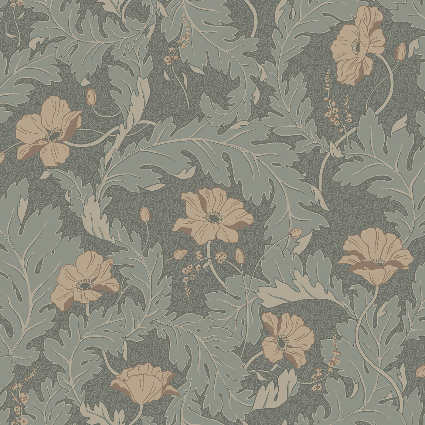 Charlotta wallpaper by Sandberg, beige poppies and foliage on grey-blue, flat swatch colourway
