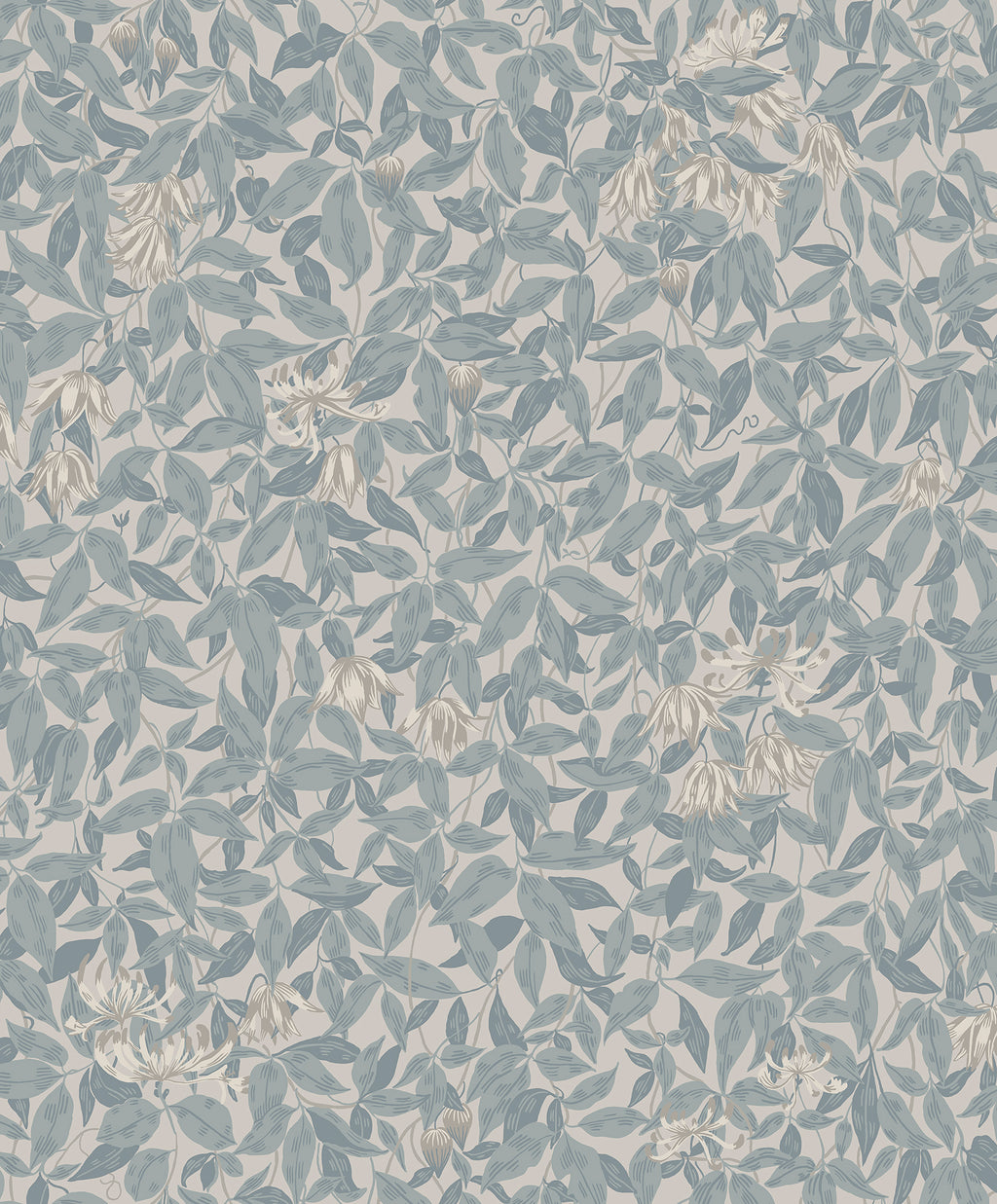 Linnea wallpaper by Sandberg in dusty blue and cream honeysuckle on a soft grey ground, flat roll swatch