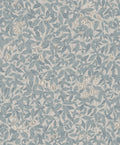 Linnea wallpaper by Sandberg in dusty blue and cream honeysuckle on a soft grey ground, flat roll swatch