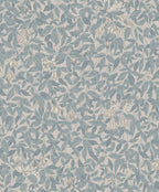 Linnea wallpaper by Sandberg in dusty blue and cream honeysuckle on a soft grey ground, flat roll swatch