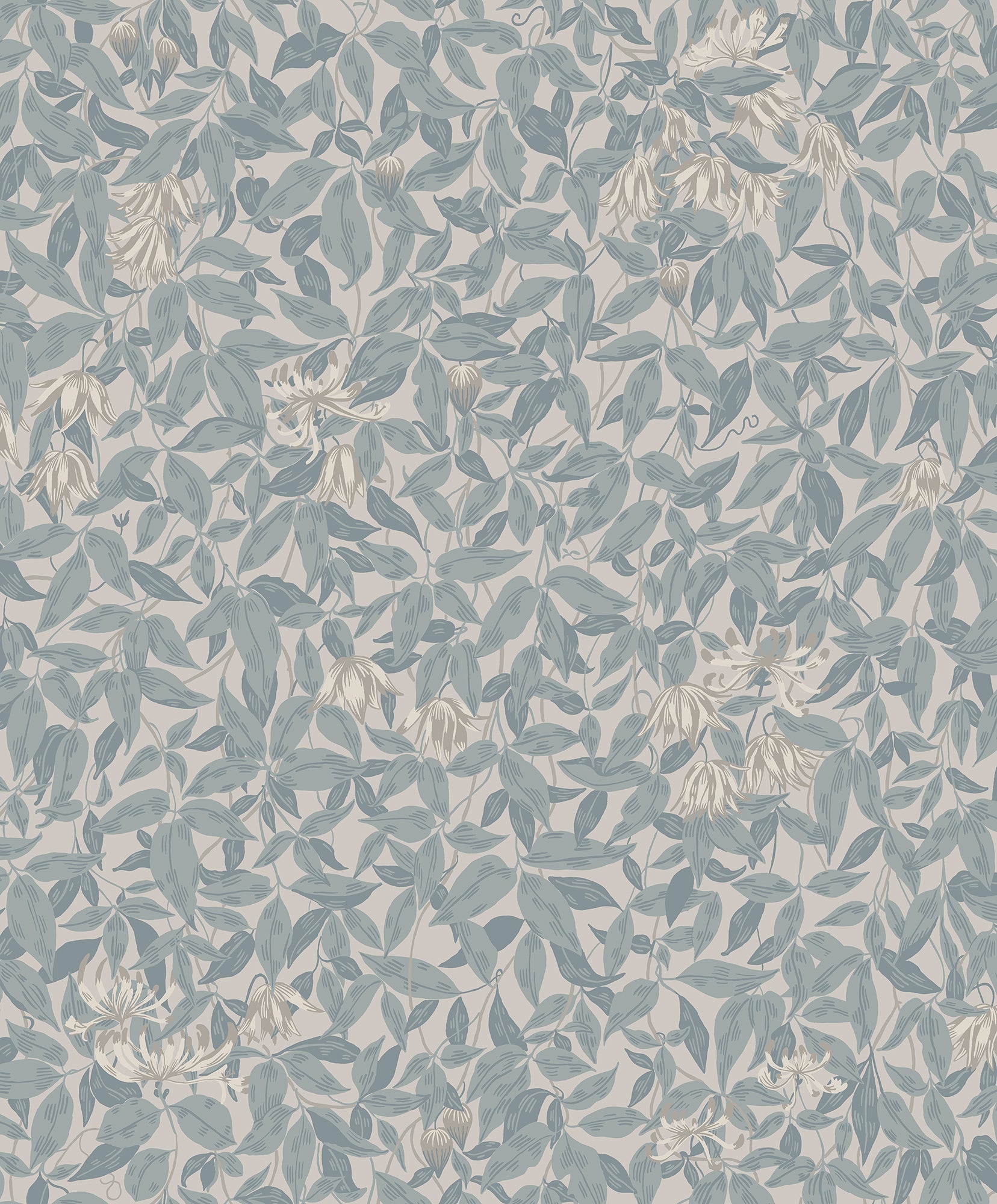 Linnea wallpaper by Sandberg in dusty blue and cream honeysuckle on a soft grey ground, flat roll swatch