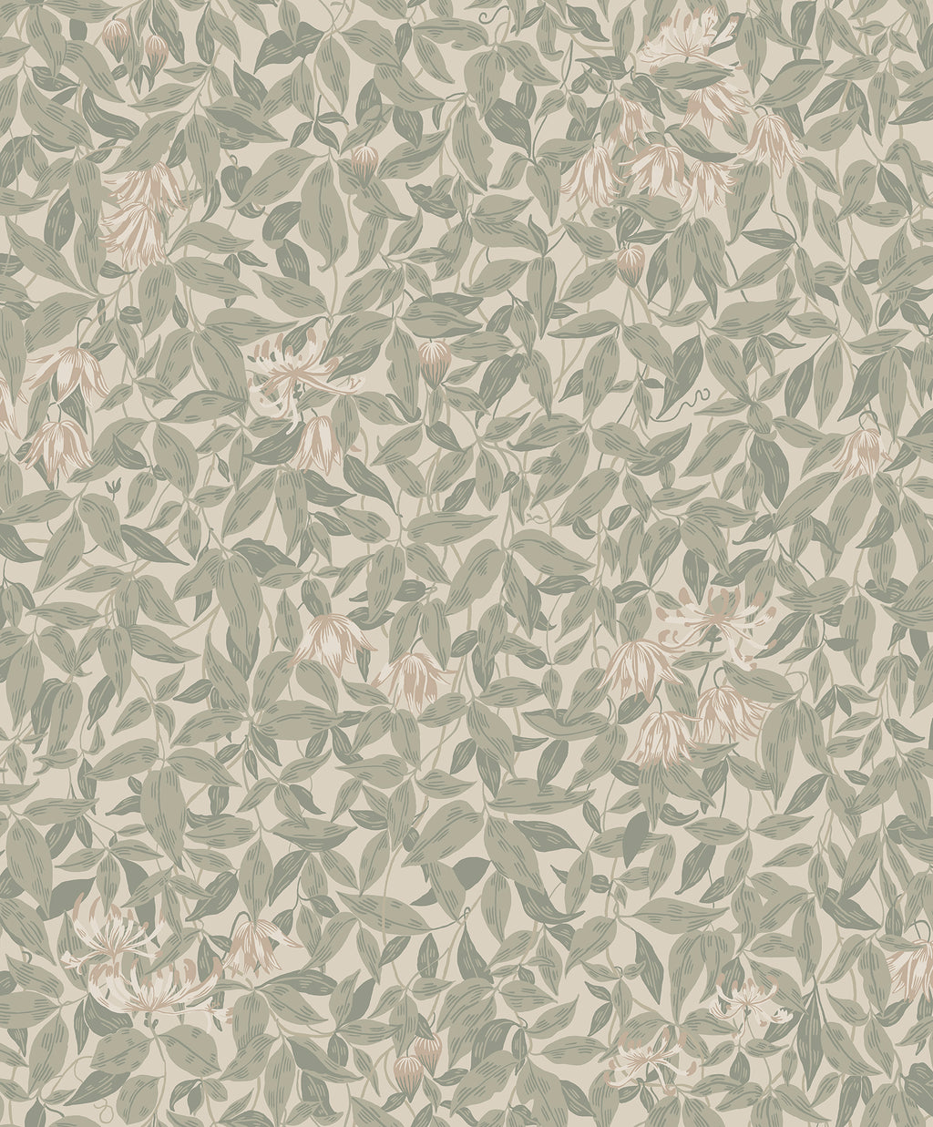 Linnea wallpaper by Sandberg in muted sage green and blush honeysuckle on linen beige, flat roll swatch