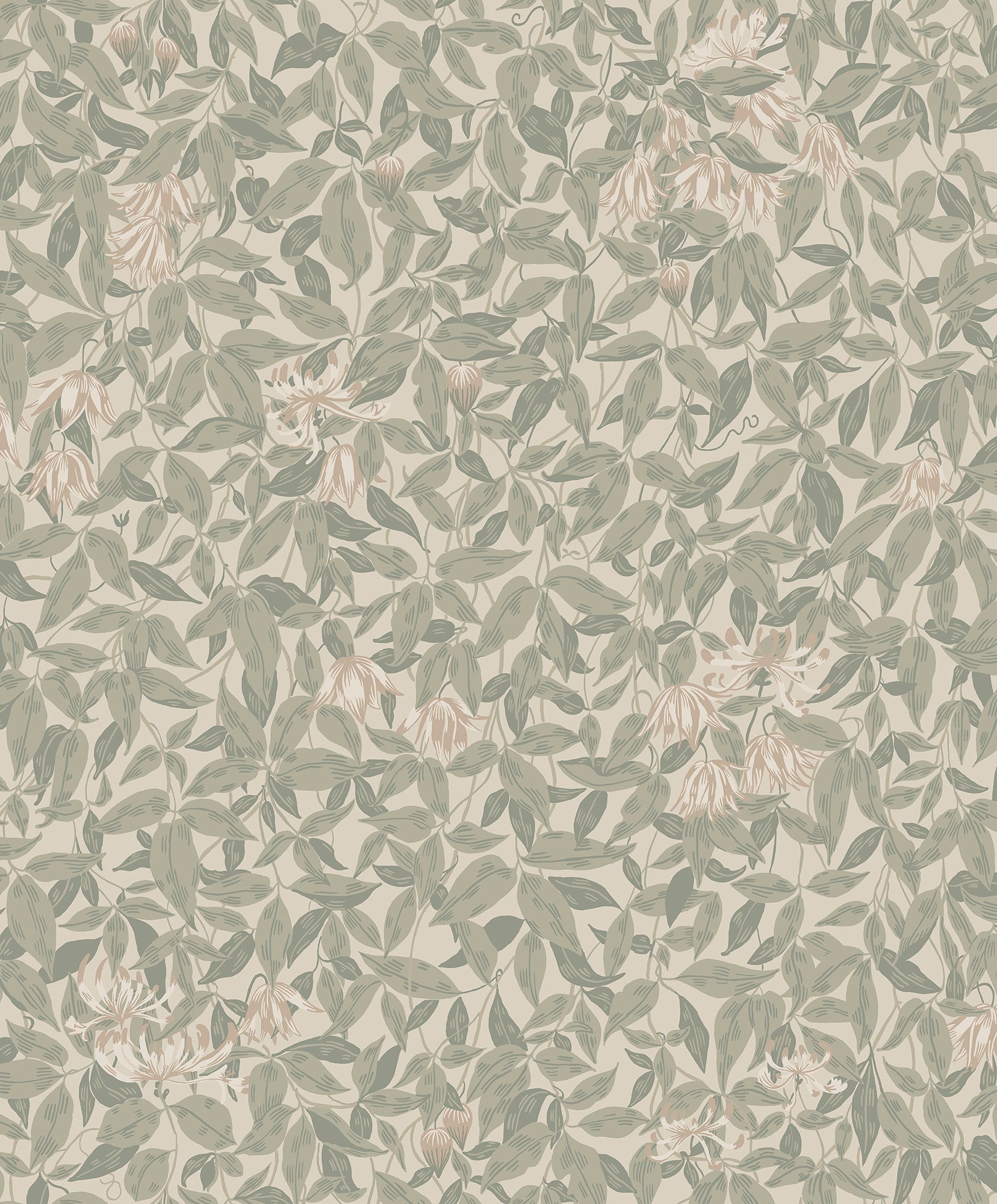Linnea wallpaper by Sandberg in muted sage green and blush honeysuckle on linen beige, flat roll swatch