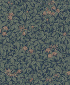 Linnea wallpaper by Sandberg, green leaves and coral honeysuckle blooms on deep navy blue, flat roll swatch
